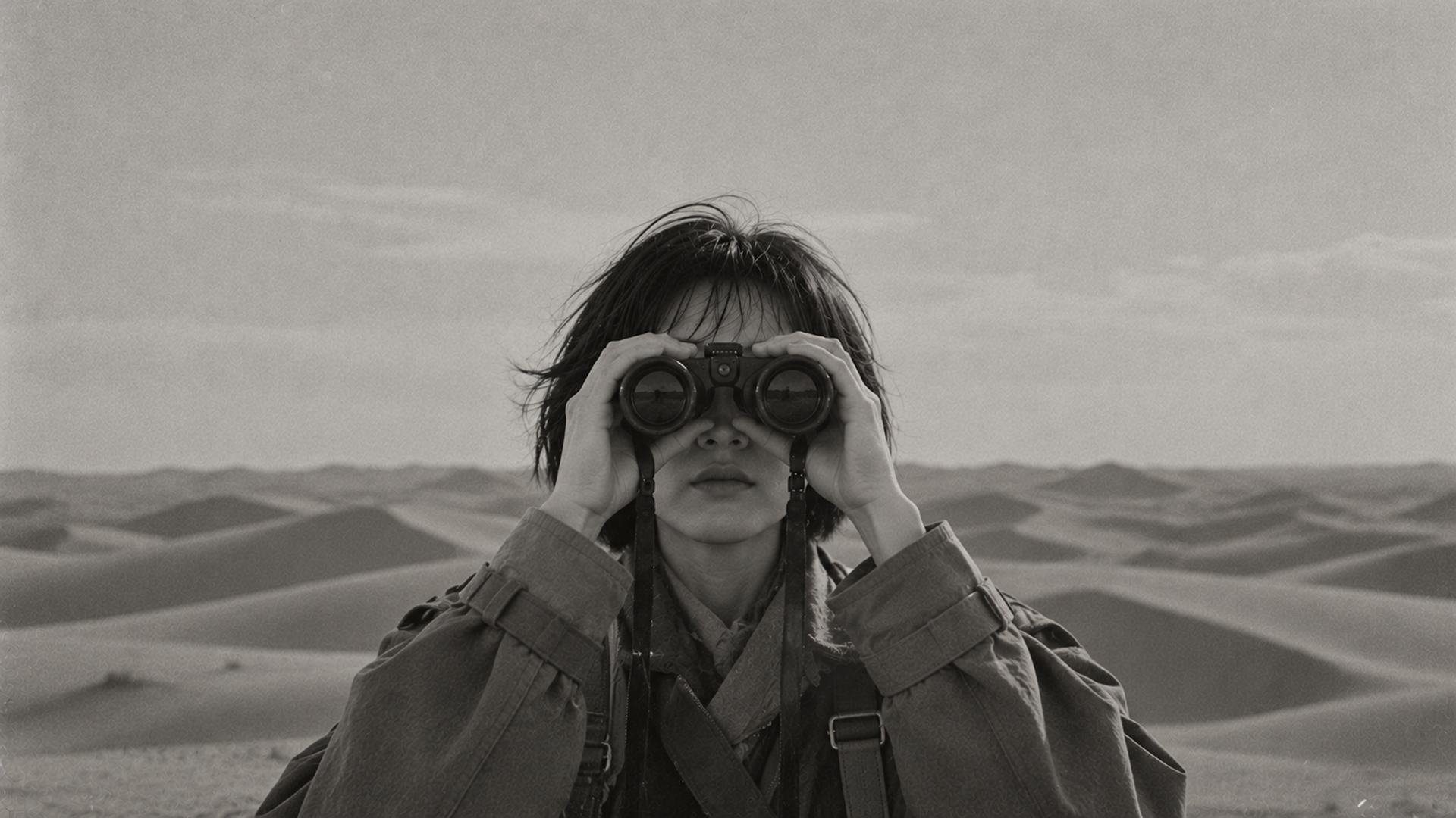 Looking through binoculars at the desert